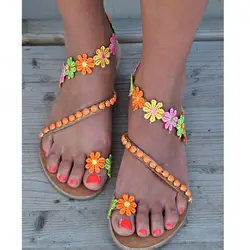 1 пара женских босоножек; обувь на плоской подошве с цветочным узором в богемном стиле; нескользящая модная летняя пляжная обувь; FH99
