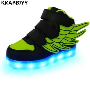 

Boys Girls Shoes Fashion LED Lights USB Luminous Wings Sneakers Children Comfortable Flats Sport Top high football