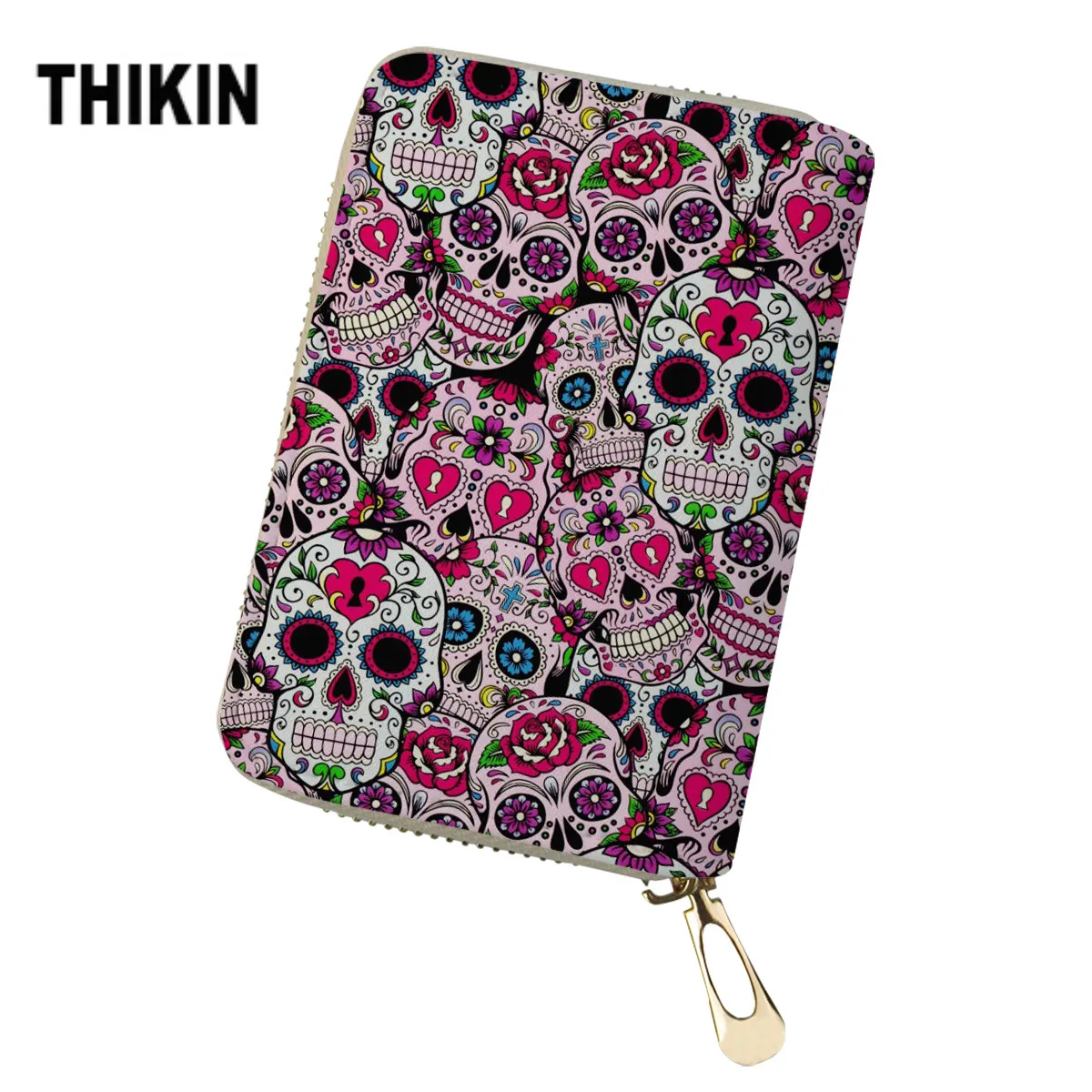 

THIKIN Personalized Flowers Skull Print ID Card Holder for Women Passport Cover Girls Wallet for Credit Cards Cover Mini Case