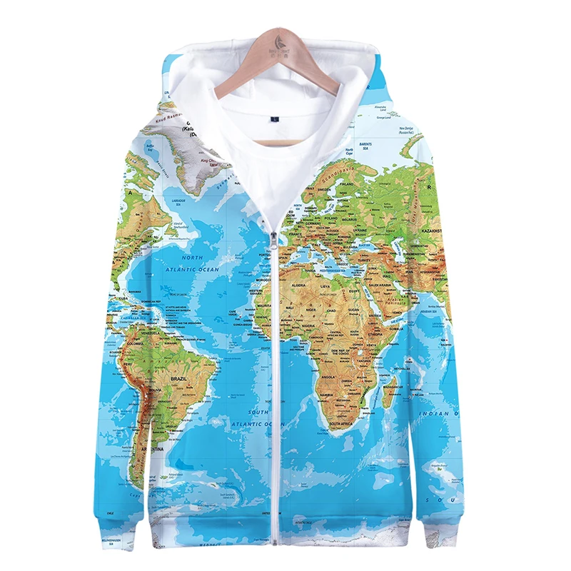 World Map 3d Print Hoodie Sport Fashion Hip Hop Men Women Zipper Hoodies Jackets Long Sleeve Harajuku 3D Hooded Sweatshirts Tops