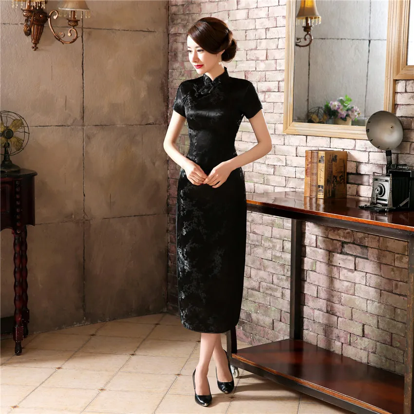 Chinese Traditional Cheongsam Women Silk Satin Plum Blossom Long Dress Size: S to 6XL Chinese Traditional Cheongsam Women Silk Satin Plum Blossom Long Dress Size: S to 6XL