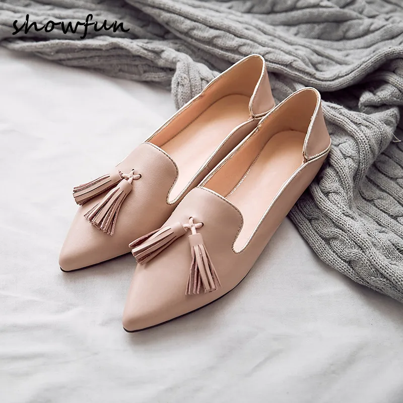 

Plus Size 33-43 Women's Genuine Leather Fringe Slip-on Flats Loafers Brand Designer Pointed Toe Leisure Espadrilles Mules Shoes