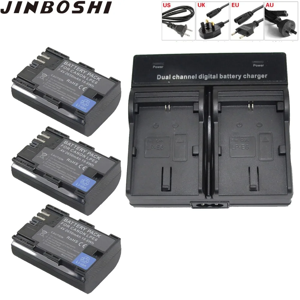 JINBOSHI 3 Pack LP-E6 LP-E6N LP E6 Камера литий-ионный Батарея 2650 mAh + светодиодный двойной Зарядное устройство для Canon EOS 5DS R 5D Mark II 5D 6D 7D 80D