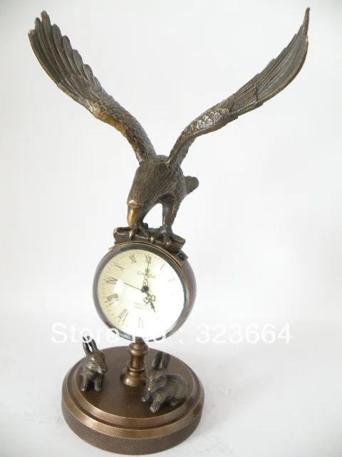 Collectible Old Bronze Mechanical Clock With Hawk/Eagle Statue,24 cm