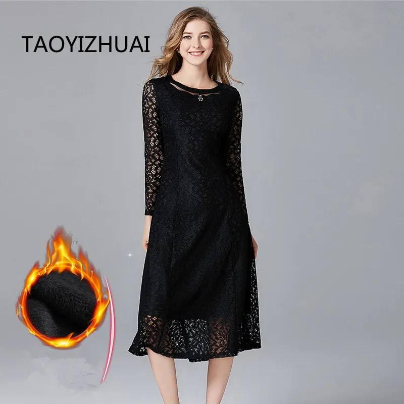 Женское длинное платье TAOYIZHUAI черное ажурное до середины икры большого размера XL