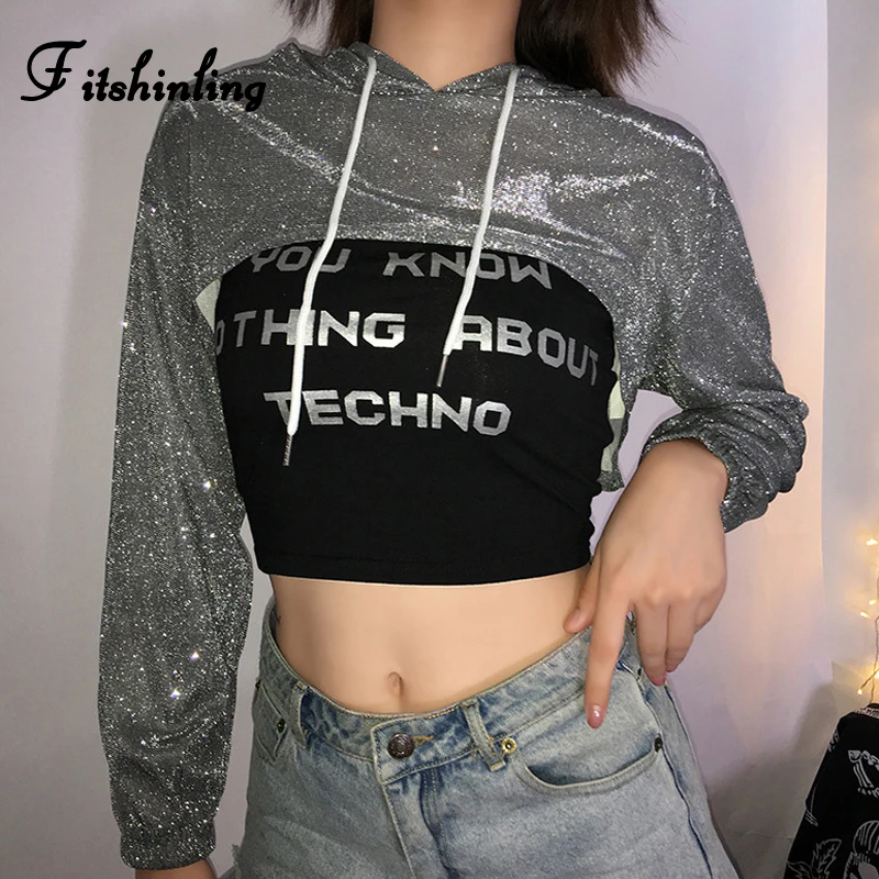 Fitshinling уличная одежда 2019 Осенние футболки для женщин Блестящий серебряный супер