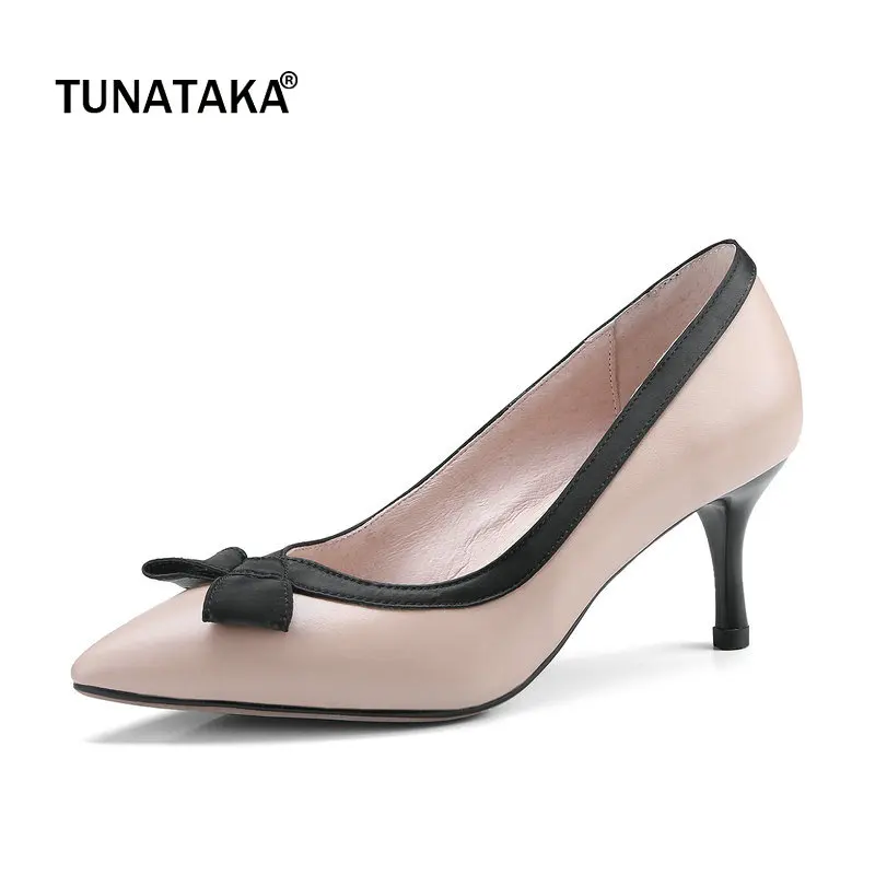 

Genuine Leather Thin High Heel Pointed Toe Woman Lazy Pumps Fashion Bow Knot Dress High Heel Shoes Woman Black Apricot