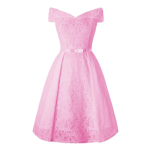 OTEN, женские кружевные платья,, женские летние сексуальные платья с открытыми плечами, v-образный вырез, Ретро стиль, 50 s, 60 s, длина по колено, вечернее винтажное белое платье - Цвет: Розовый
