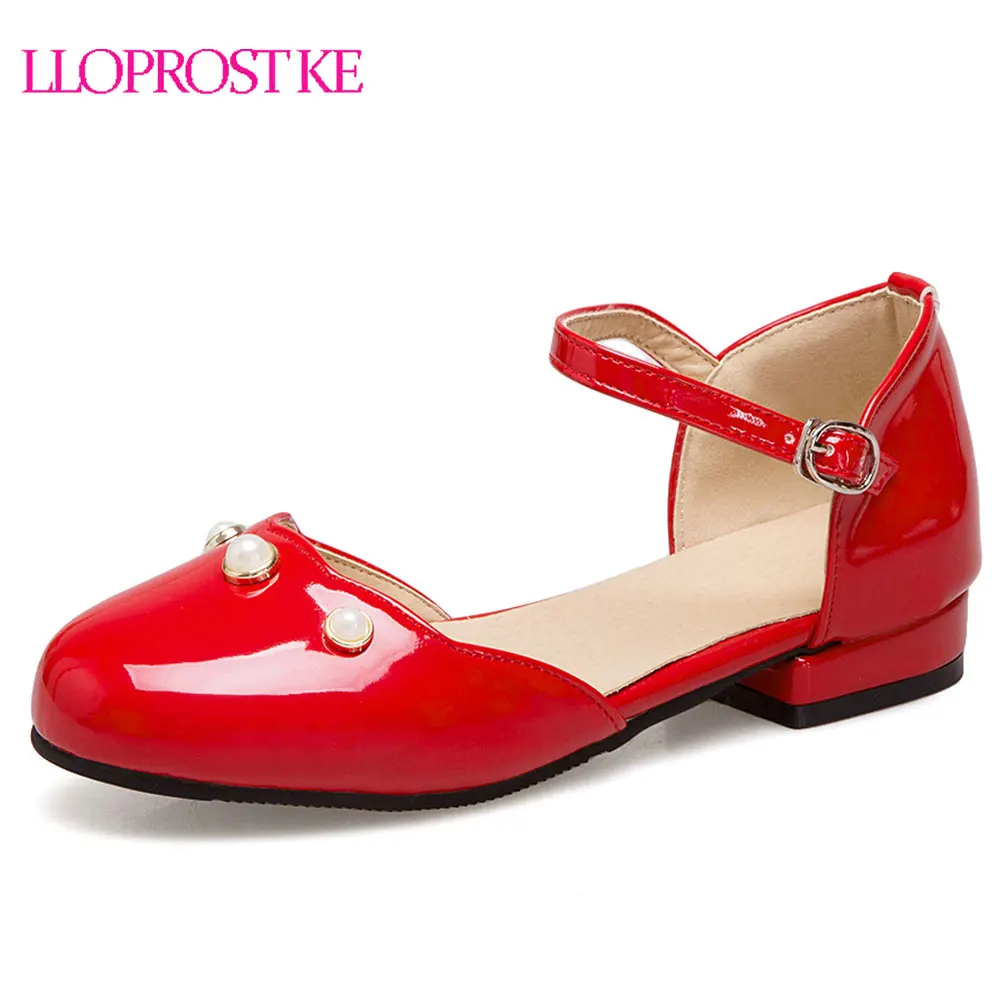 

LLOPROST KE 2018 Spring Summer Low Heels Pumps Round Toe Ankle Strap Sweety Shoes Woman Thick Heels Red Pink Black White MY181
