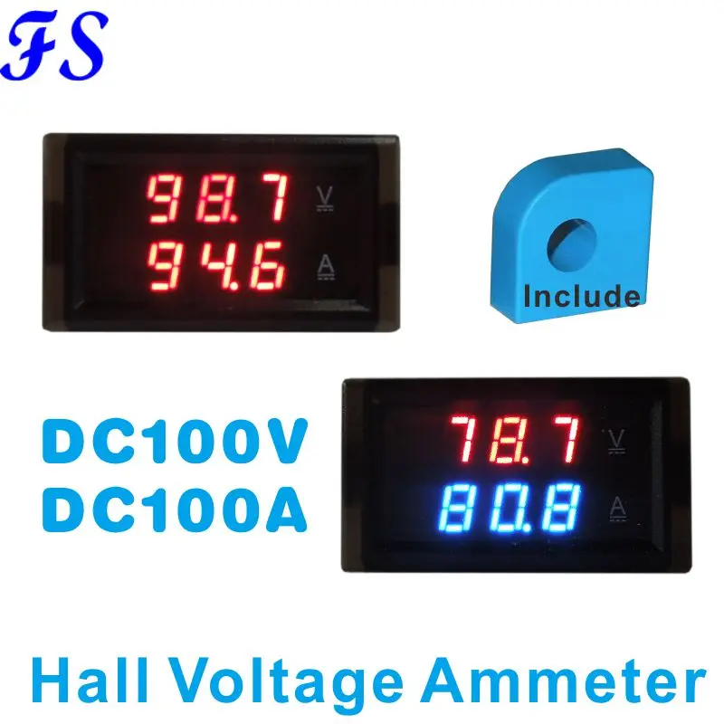 Измеритель постоянного напряжения постоянного тока 100 в/а, датчик холла, светодиодный цифровой вольтметр, амперметр, двухметровый амперметр, амперметр, вольт, панель, красный, синий
