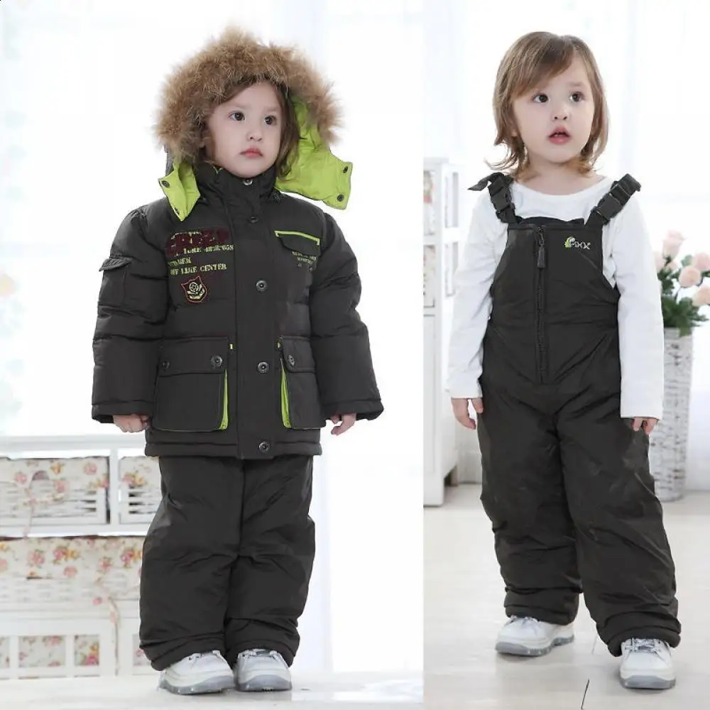 Boys Snowsuit Fur Down Fur Kids Down Hat Raccoon Jacket Girls Coat Children Jacket+Pants