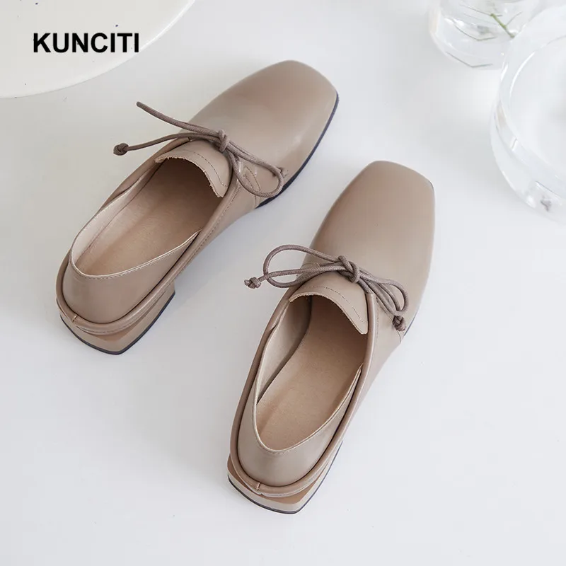2019 Mode Lacets Mocassins Carré Véritable Plates En Femme De Femmes Casual F930 Cuir Chaussures apricot Nouvelles Dames À Beige Bout black F6arFq
