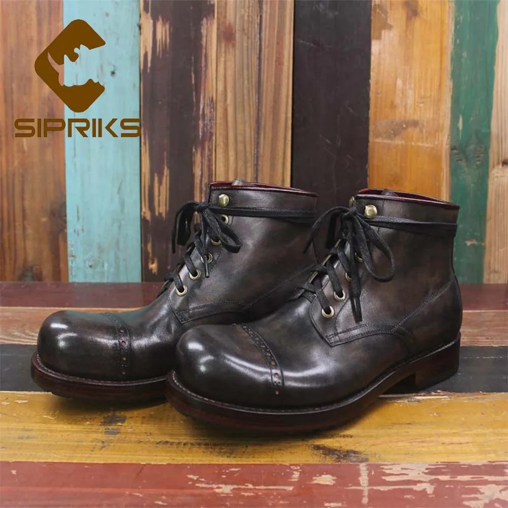 

Sipriks Retro Patina Gray Calf Leather Ankle Boots Mens Classic Black Sewing Welted Shoes Cap Toe Footwear Cowboy Boots 10 11