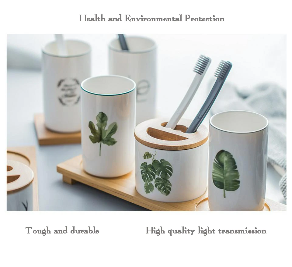 Green Pattern Ceramic Toothbrush Cup Set Nordic Fashion Simple Couple Mouth Mug Bathroom Accessories Good Looking Food Container