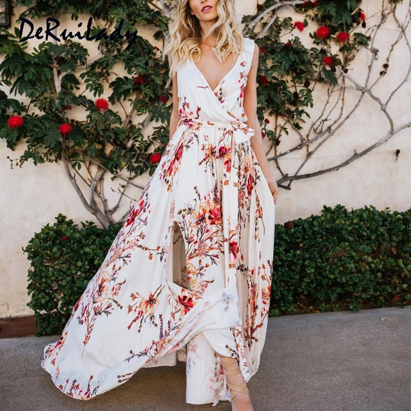 DeRuiLaDy Boho Floral Print Vintage Long Dress Sexy V Neck Dleeveless Women Maxi Dresses Summer Split Beach Party Dress Vestidos DeRuiLaDy Boho Floral Print Vintage Long Dress Sexy V Neck Dleeveless Women Maxi Dresses Summer Split Beach Party Dress Vestidos