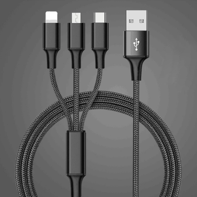 3в1 3 в 1 USB кабель 2A Micro usb type C кабель для зарядки iPhone 100 см нейлоновая оплетка несколько кабелей для samsung Xiaomi HUAWEI - Цвет: Черный