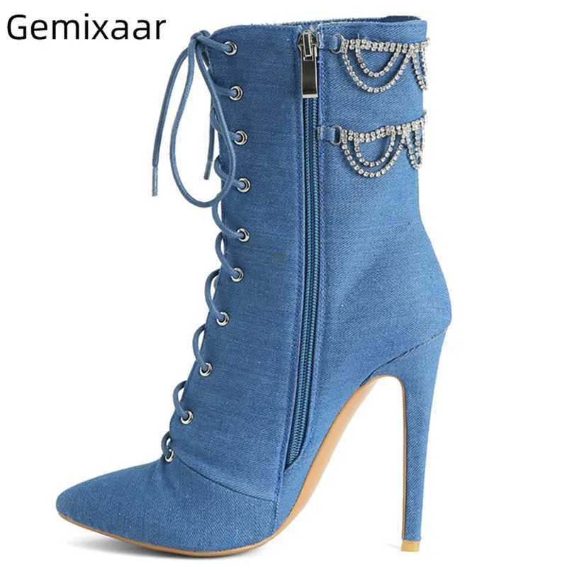 

Jean Fabric Boots Women Shoes Pointed Toe Cross Lace Up Ankle Botas Elegant Blue Denim Decor Zipper Botas Bottes Women