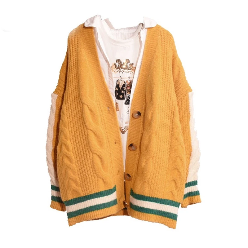 

HSA 2018 New Arrivals Women Warm Cardigans Casual Striped Loose Sweater Jumpers Open Stitch Oversize Knitted Jackets Yellow Coat