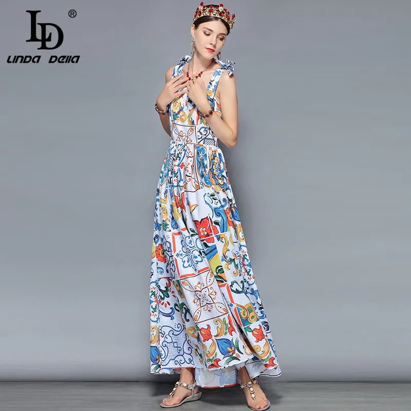 Cena LD LINDA DELLA projektant mody maxi sukienki damskie niebieski biały kwiatowy Print lato Boho wakacje długa sukienka w stylu casual