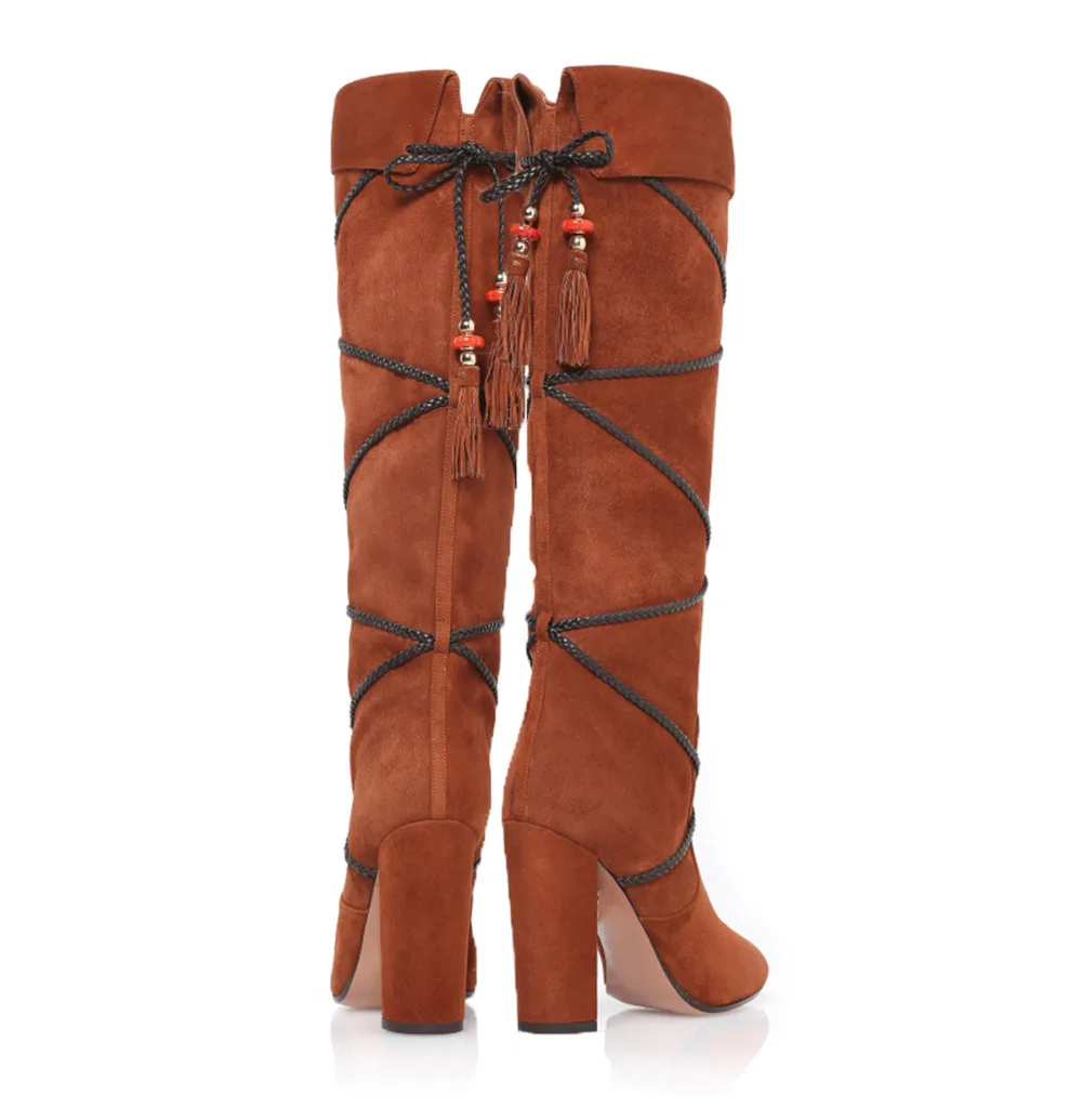 Designer Brown Black Block Heeled Winter Knee High Boots Women Pointed Toe Gladiator Fringe Tassel Booty Plus Size 43 цена Designer Brown Black Block Heeled Winter Knee High Boots Women Pointed Toe Gladiator Fringe Tassel Booty Plus Size 43 цены онлайн