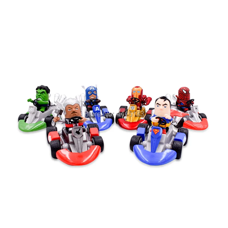 6 Styles Western Animiation Kart Pull Back Car Iron Man Superman Captain Thor Hulk PVC Action Figure Doll Collectible Model Toy 