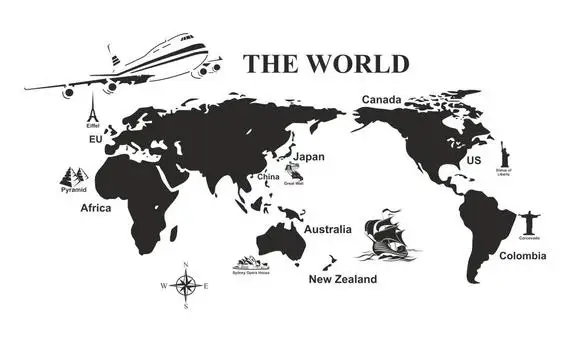 Мире Карта мира-Наклейка Декор самолета известная достопримечательность Dacal Водонепроницаемый снимаемые наклейки стены Стикеры B942