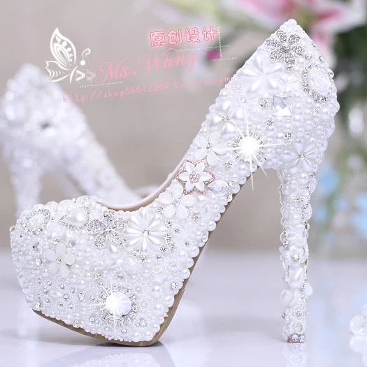 Bride pearl water drill flower white wedding shoes super heel waterproof platform wedding dress single shoe adult female shoes