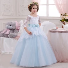 Doux Tulle robe de Bal Demi Manches Bleu Clair Dos Ouvert Magnifique Scoop Chapelle Train Petite Demoiselle D’honneur De Fleur De Mariage Fille Robe