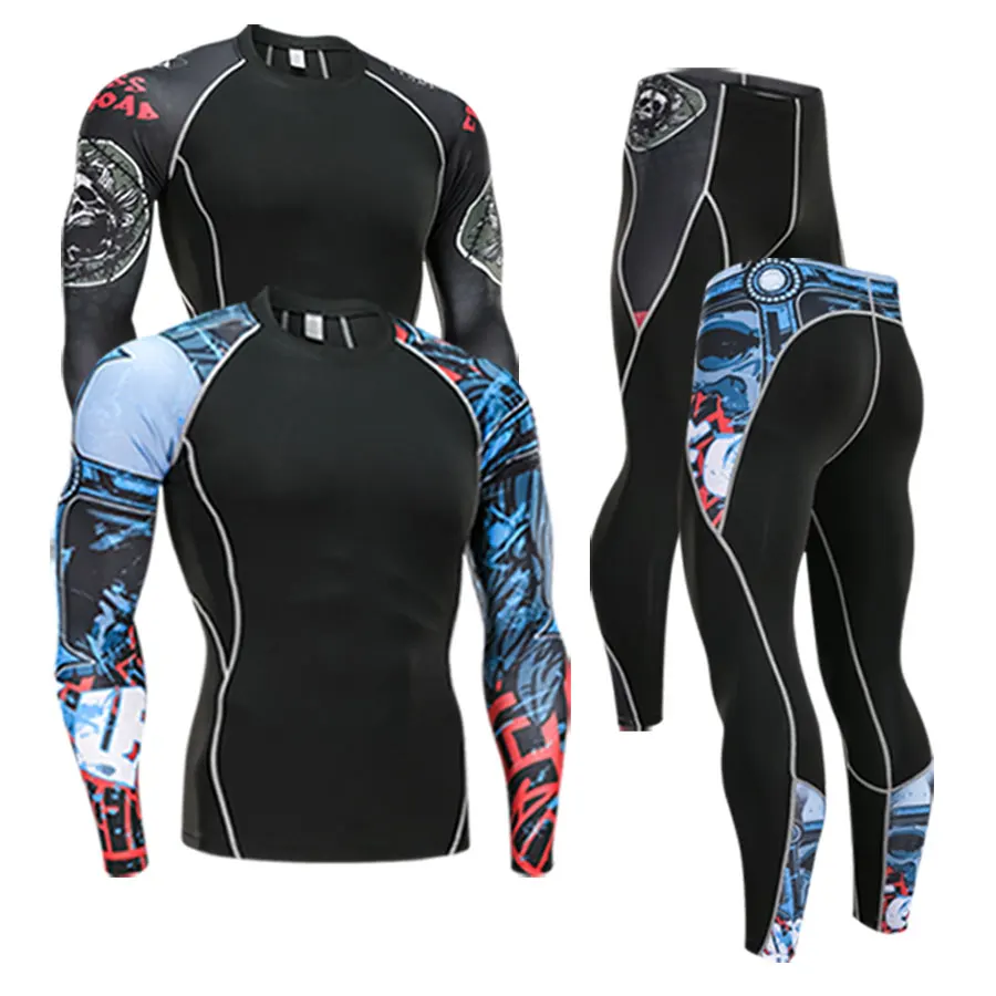 

2019 Fitness MMA Compression Shirt Men Rashguard Male Long Sleeve T Shirt Crossfit Bodybuilding Men Skull Print 3D T Shirt Tops