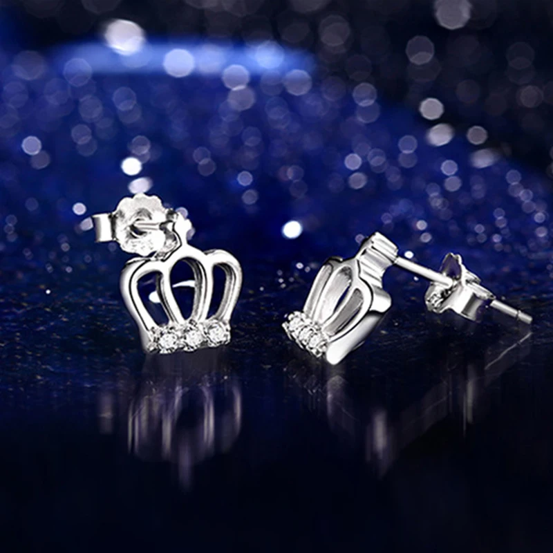 

New Designer Queen's Crown Stud Earring Silver Color Metal with Shiny Crystal Stones for Korean Women Female Fashion Ear Jewelry