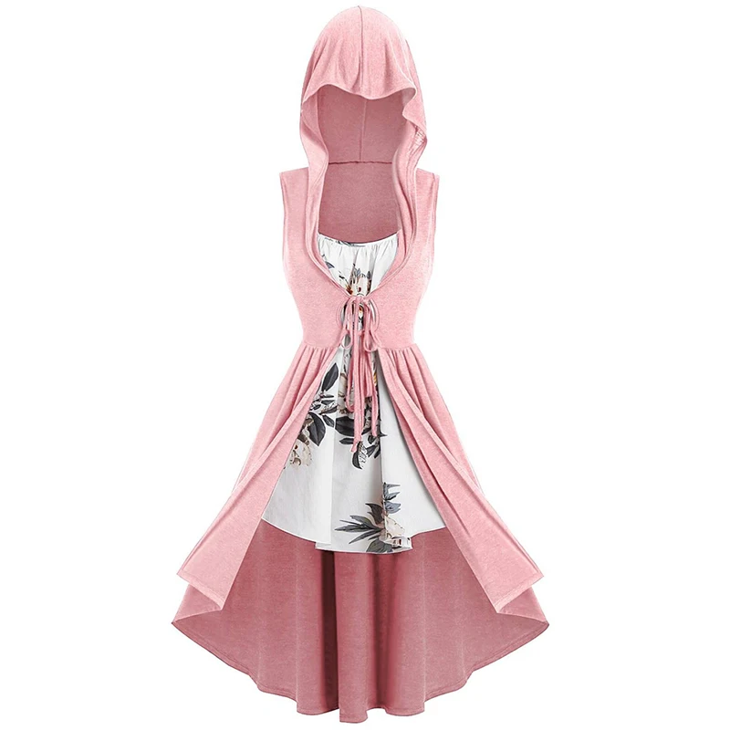 

Women Casual Gothic Dress Loose Fashion Punk Rock Pinup Dress Mediaeval Hooded Summer Club Party Ladies Lace-Up Vintage Dress