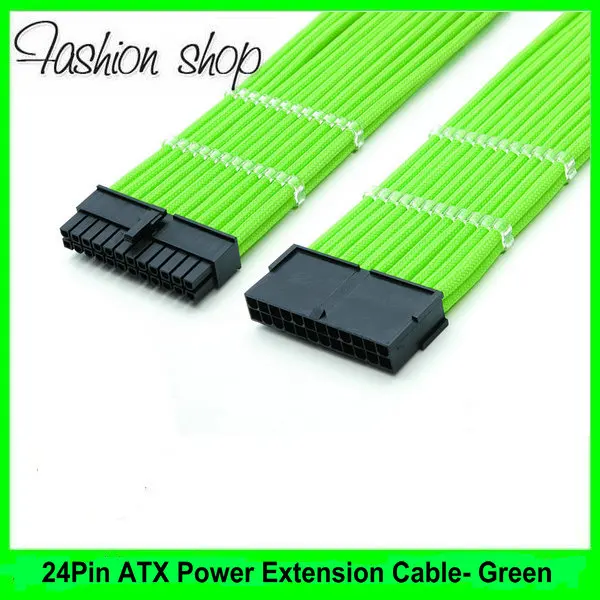 

12" Single Sleeved Green 24 Pin ATX PSU Female to Male PC Power Extension Cable + 2PCS Clear Cable Comb