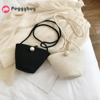 

Lady Fashion Small Solid Color Pearl Decor Shoulder Pack Female Casual Summer Mini Messenger Bag Straw Women Small Crossbody Bag
