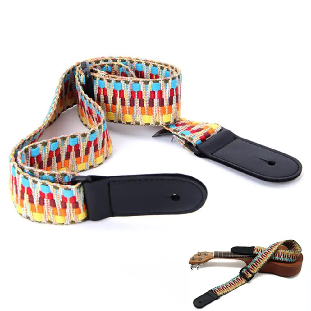 

National Style Handmade Braid Guitar Ukulele Strap Colorful Adjustable Guitar Carrying Belt Straps with PU Leather Ends