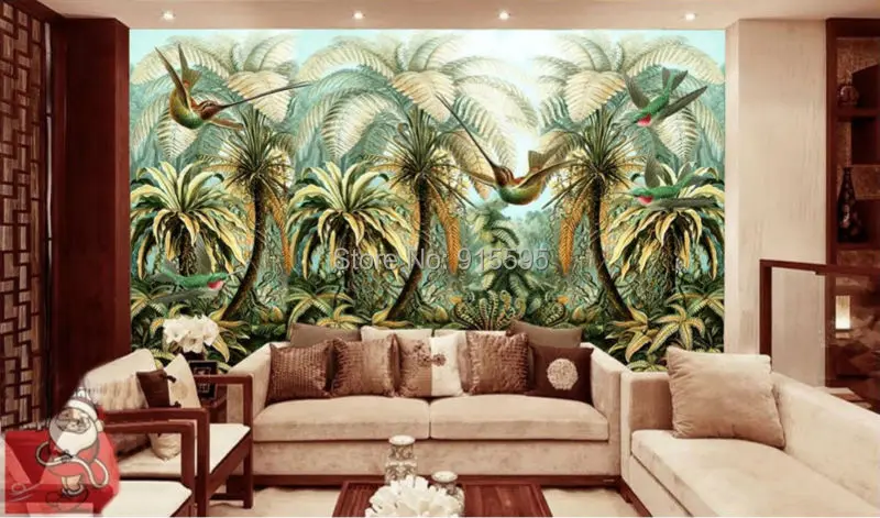 На заказ Настенные обои нетканые большие ручная роспись настенная живопись тропический лес птицы гостиная диван фон обои