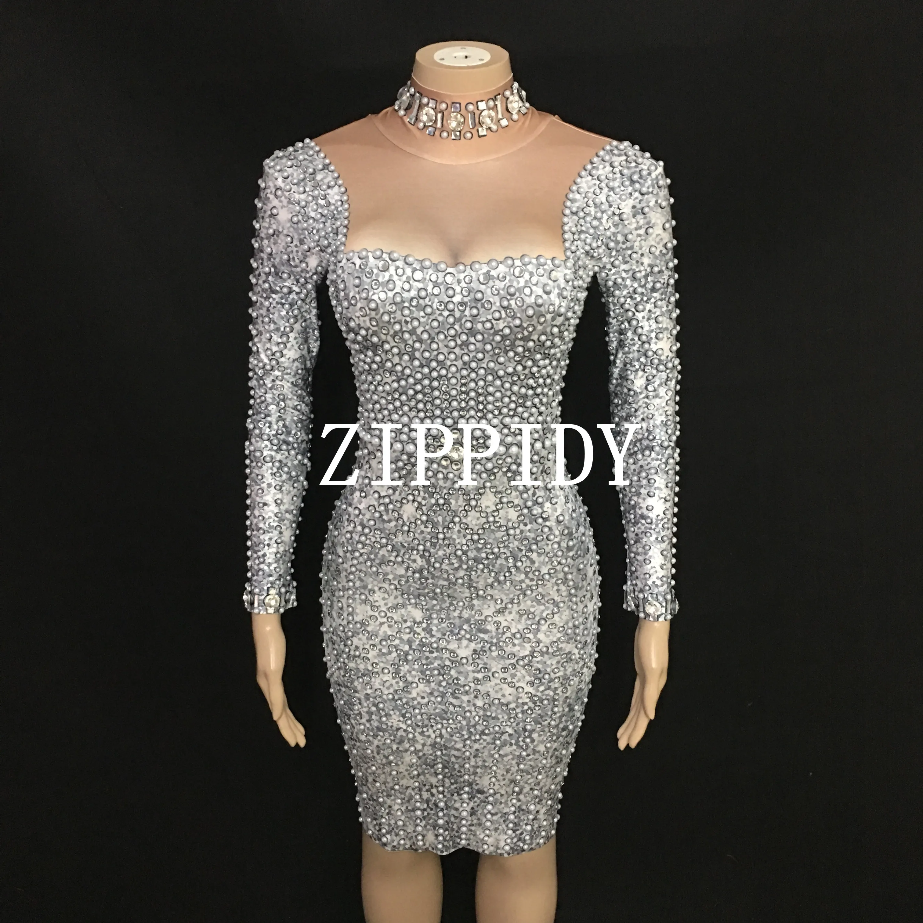 

Shining Pearls Rhinestones Dress Evening Party Wear Long Sleeves Prom Nude Gray Dress Singer Birthday Celebrate Dresses