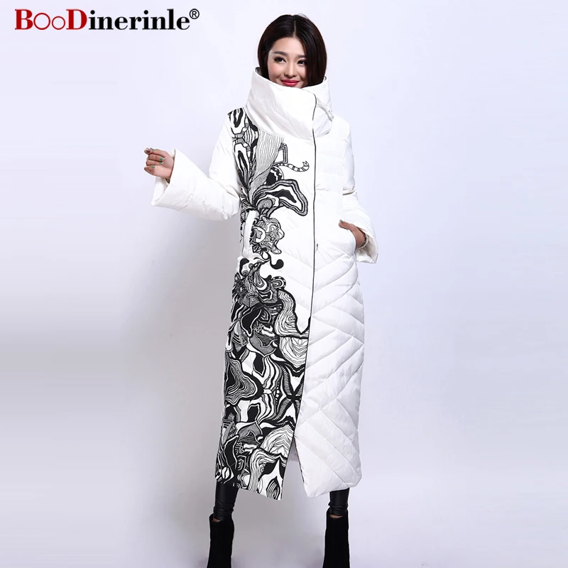 

BOoDinerile Women's Jacket Female Thick Warm White Duck Down Coat Winter Elegant Office Lady's Print Slim X-Long Outwear YR159-2