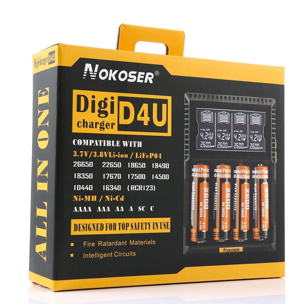 

NOKOSER D4U 4 Slot LCD Intelligent Li-ion/LiFePO4 Battery Charger for Rechargeable Ni-MH/Ni-Cd AAA/SC 26650/18650 Batteries