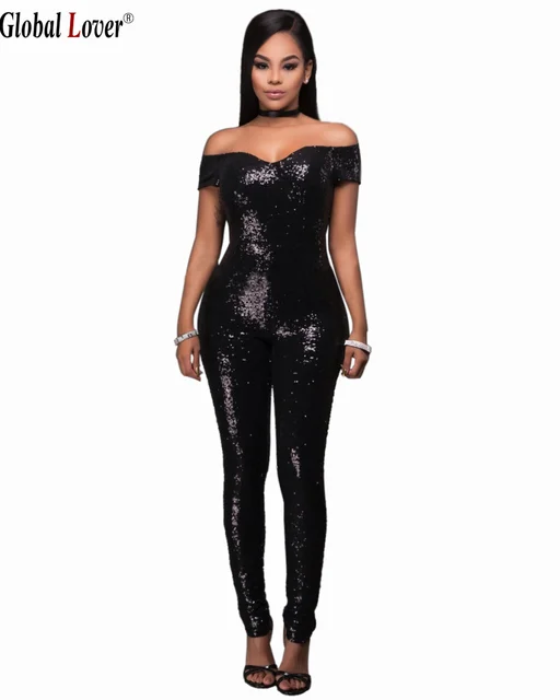 Elegant Black Women Sequin Jumpsuit Plus Size Bandage Sexy Strapless ...