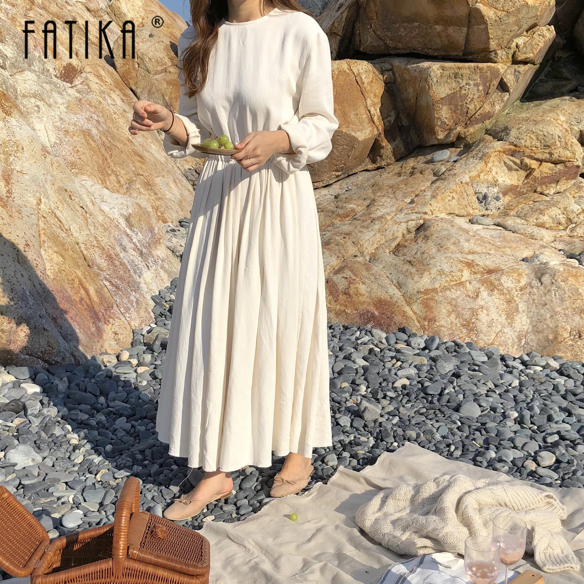 Fatika Normcore свободные платья с длинными рукавами чистый белый o-образный вырез до