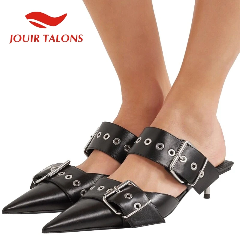 

luxury brand top quality thin heels genuine cow leather pointed toe summer mules women shoes woman pumps mules