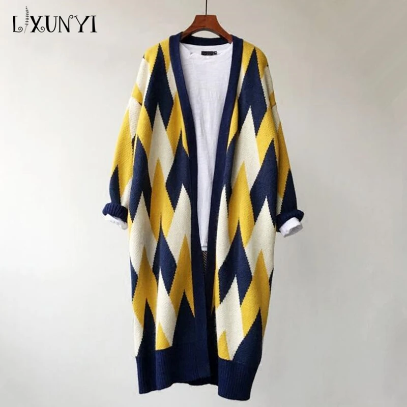 

2019 Autumn Winter Plus Size Women's Long Knitting Cardigan Geometry Loose Long-sleeved Fashion Thick V-neck Sweater Coat Tops
