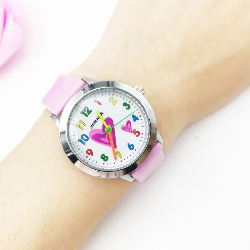 Fashion Children's Watches Colorful Number Heart Cartoon Quartz Watch Girl Pink Leather Pretty Student Wristwatches Kids hodinky - Цвет: Розовый