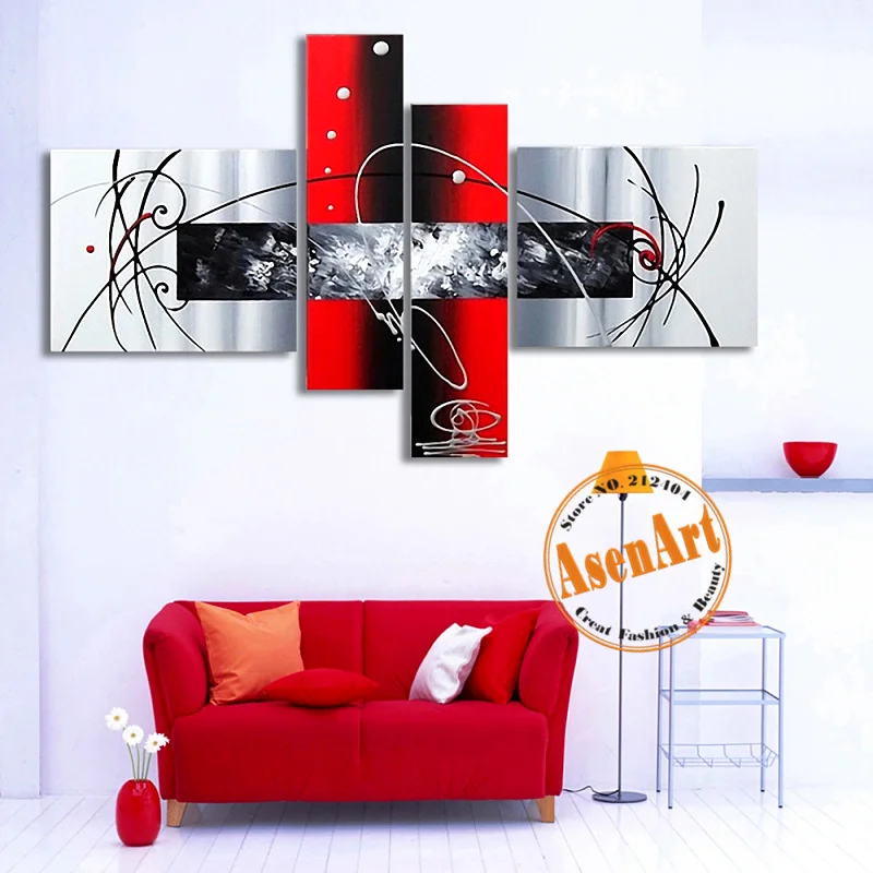 

Modern Abstract Oil Painting 4pcs/set Red and White Canvas Painting Unframed Wall Art Picture for Living Room Home Decoration
