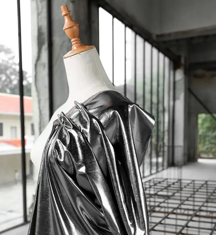 

Bright matte black mirror coated knit fabric / bright metallic pu leather fabric wedding dresses prom tweed thin fabric A016