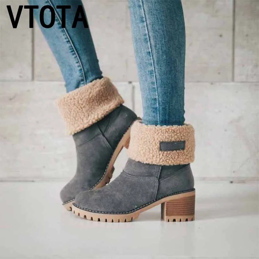 

VTOTA Women Winter Warm Boots Square Heels Botas Thick Bottom Platform Non-Slip Female Ankle Boots Botas Mujer Large Size 34-43