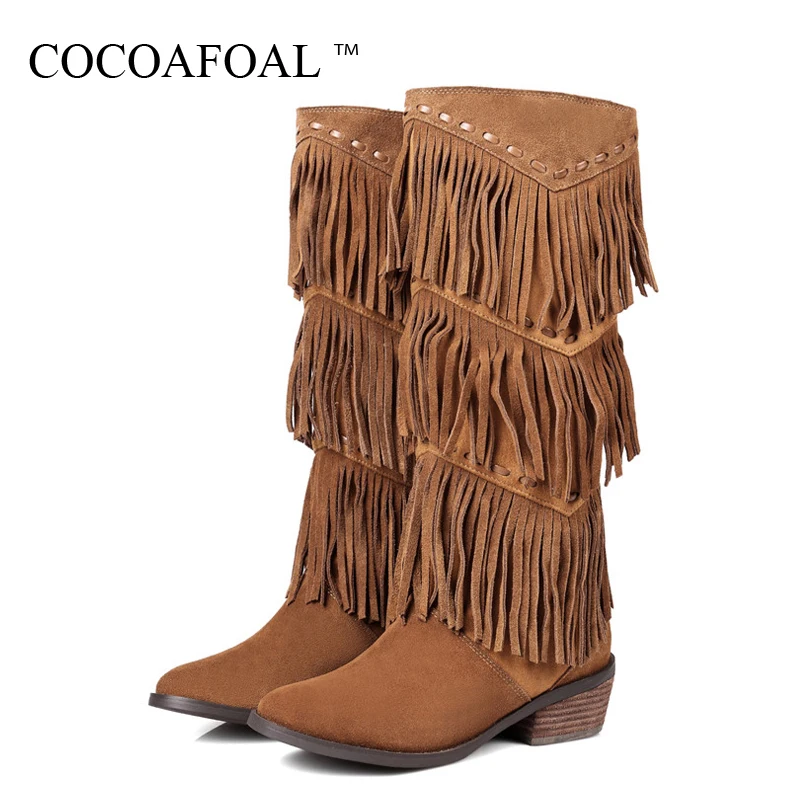 

COCOAFOAL Winter Women's Fringe Knee High Boots Woman Thigh High Boots Genuine Leather Black Brown Woman Fringe Shoes Fashion