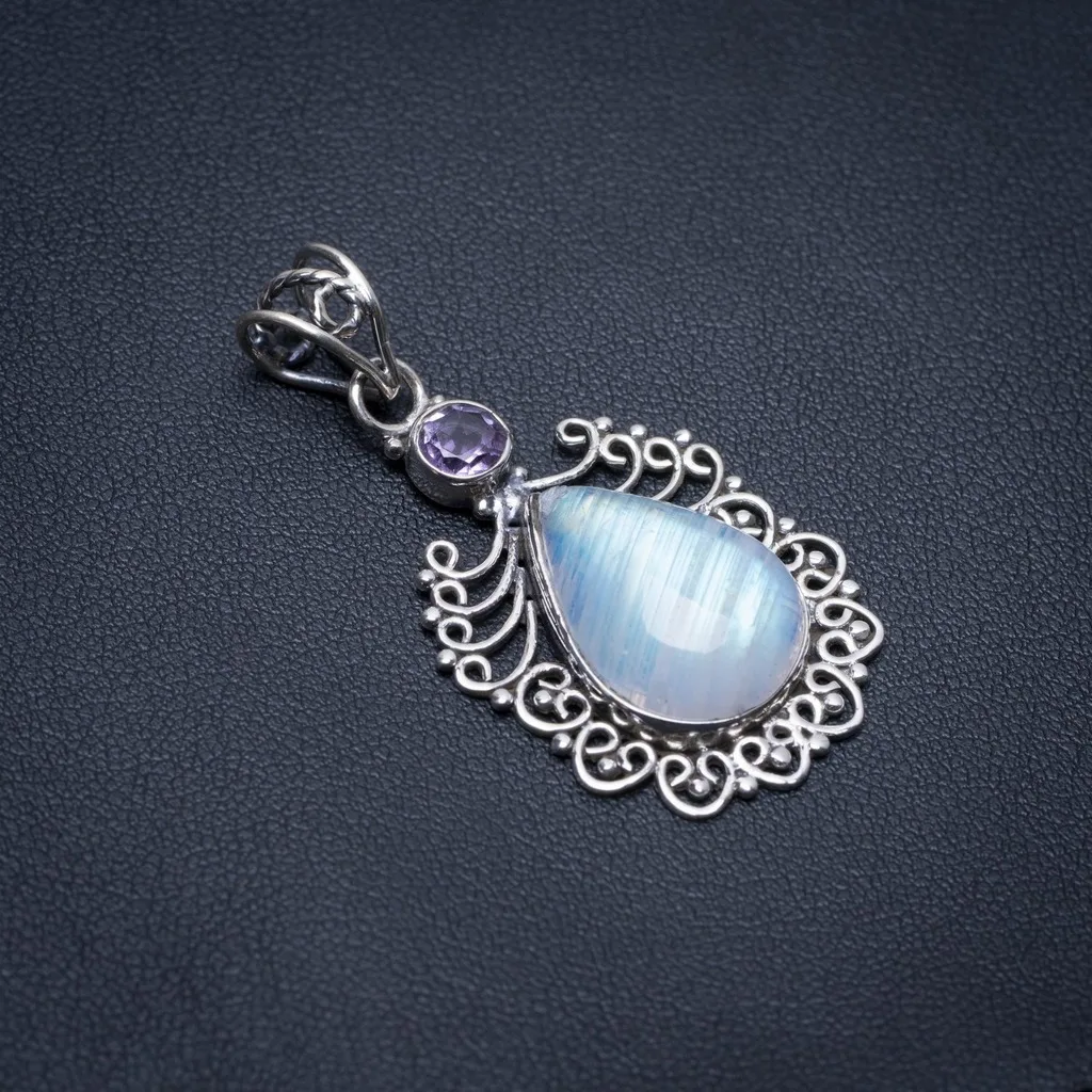 

Natural Rainbow Moonstone and Amethyst Punk Style 925 Sterling Silver Pendant 1 3/4" S1157