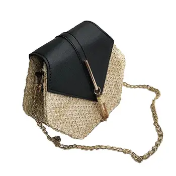 

Hot Summer Beach Lady Hexagonal Color Block Tassel Flap Straw Crossbody Shoulder Bag