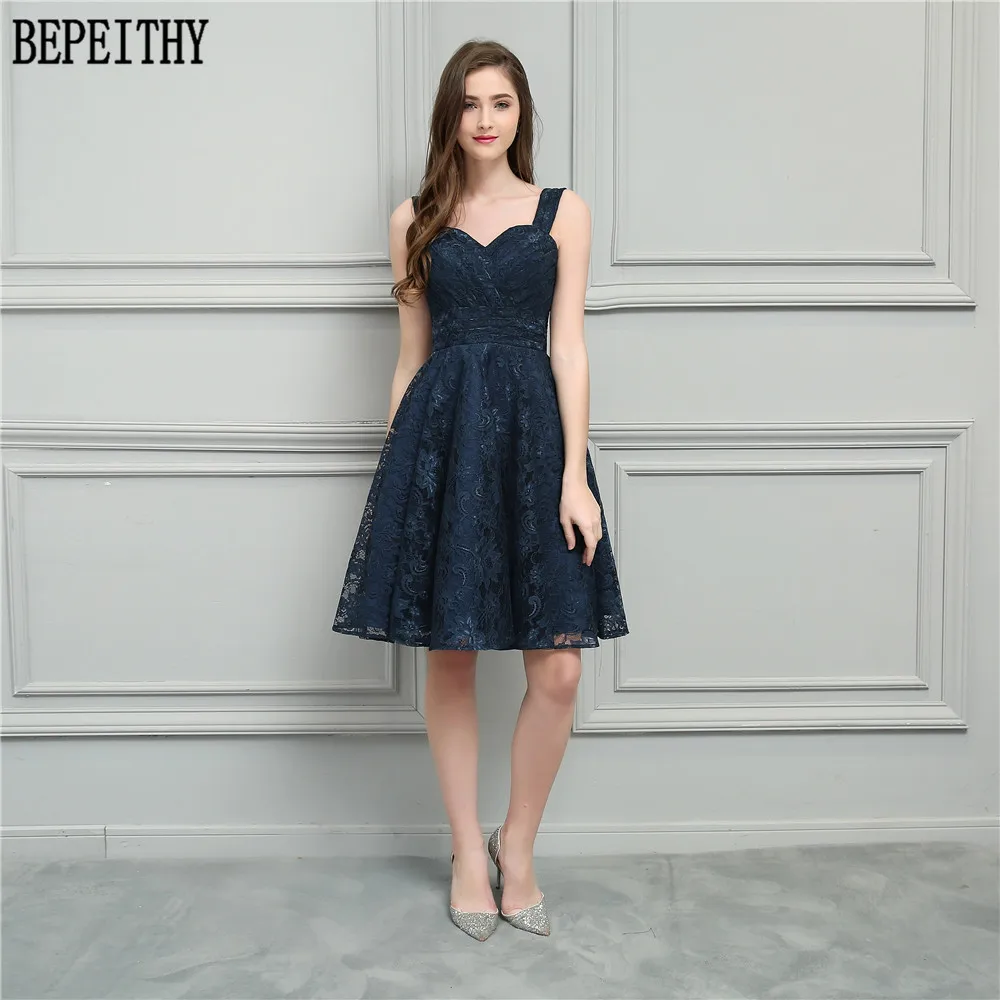 

BEPEITHY Vestido De Festa 2019 New Design Longo Sweetheart Navy Blue Lace A-Line Short Prom Dresses Bridesmaid Dresses
